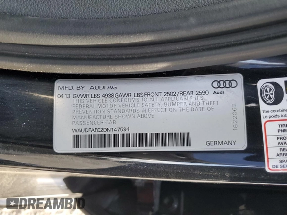 2013 Audi A6 2.0T Premium Plus with VIN WAUDFAFC2DN147594, listed as a Copart auction lot 42752995 with 108,876 mi miles and Salvage Title. Bid and sale history available at carsss.com. Image 14.