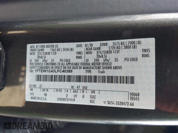 2020 Ford F-150 XL with VIN 1FTEW1E43LFC40389, listed as a IAAI auction lot 41917698 with 59,741 mi miles and . Bid and sale history available at carsss.com. Image 9.