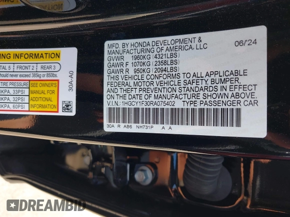 2024 Honda Accord EX with VIN 1HGCY1F30RA075402, listed as a IAAI auction lot 42615694 with 8,506 mi miles and . Bid and sale history available at DreamBid. Image 9.