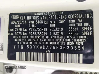 2015 Kia Sorento SX with VIN 5XYKWDA76FG630554, listed as a IAAI auction lot 41862520 with 77,457 mi miles. Bid and sale history available at carsss.com. Image 9.