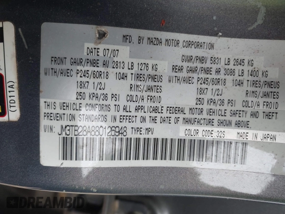 2008 Mazda CX-9 Sport with VIN JM3TB28A880126948, listed as a IAAI auction lot 41265062 with 140,550 mi miles and . Bid and sale history available at DreamBid. Image 9.