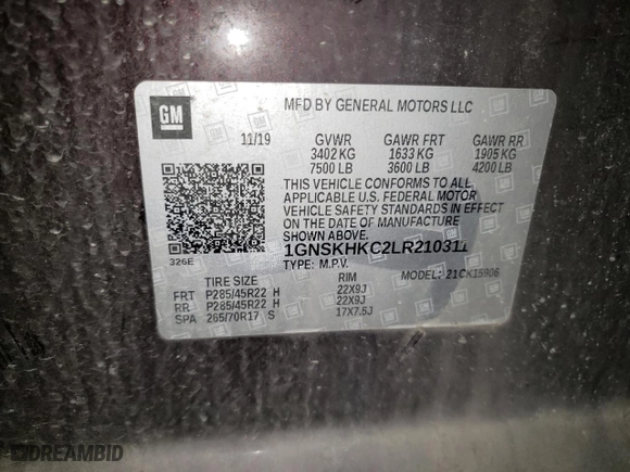 2020 Chevrolet Suburban LT with VIN 1GNSKHKC2LR210311, listed as a Copart auction lot 48062535 with 73,737 mi miles and Salvage Title. Bid and sale history available at carsss.com. Image 13.