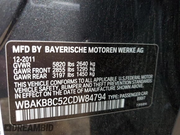 2012 BMW 7 Series 750Li with VIN WBAKB8C52CDW84794, listed as a Copart auction lot 49874315 with 118,725 mi miles and Salvage Title. Bid and sale history available at carsss.com. Image 14.