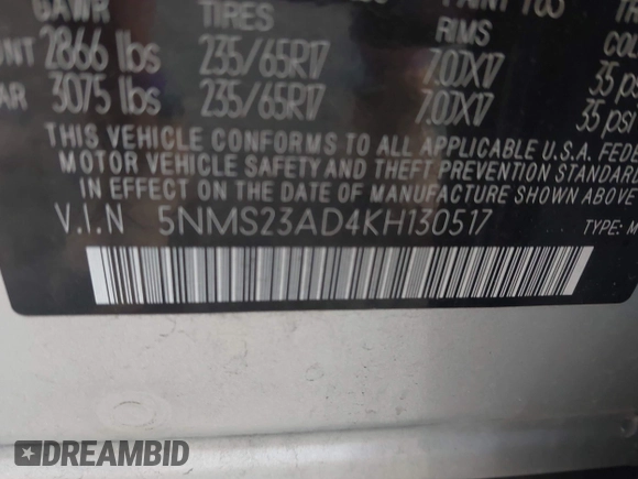 2019 Hyundai Santa Fe SE z VIN 5NMS23AD4KH130517, wystawiony jako IAAI lot #42324854 z przebiegiem 76 963 mil mil oraz . Historia ofert i sprzedaży dostępna na DreamBid. Obrazek 9.