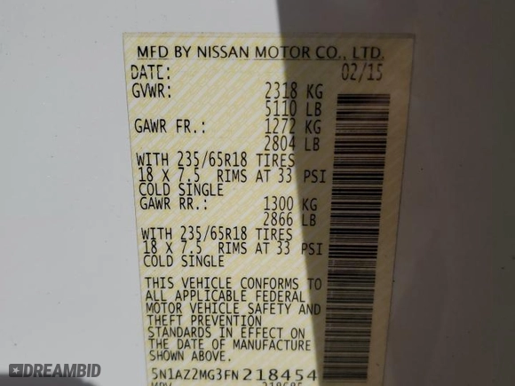 2015 Nissan Murano S with VIN 5N1AZ2MG3FN218454, listed as a Copart auction lot 50703385 with 158,594 mi miles and Salvage Title. Bid and sale history available at carsss.com. Image 13.