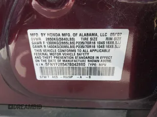 2007 Honda Pilot EX-L с VIN 5FNYF28547B042860, выставлен на аукционе IAAI как лот 42403279 с пробегом 228 834 миль миль и . История ставок и продаж доступна на DreamBid. Изображение 9.