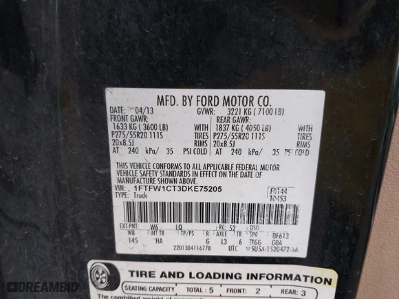 2013 Ford F-150 XL with VIN 1FTFW1CT3DKE75205, listed as a IAAI auction lot 41900732 with 1 mi miles. Bid and sale history available at carsss.com. Image 9.