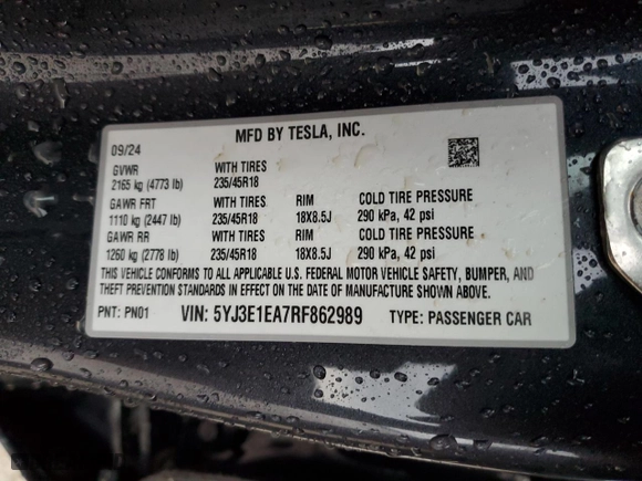 2024 Tesla Model 3 with VIN 5YJ3E1EA7RF862989, listed as a Copart auction lot 86275144 with 41 mi miles and Salvage Title. Bid and sale history available at carsss.com. Image 14.