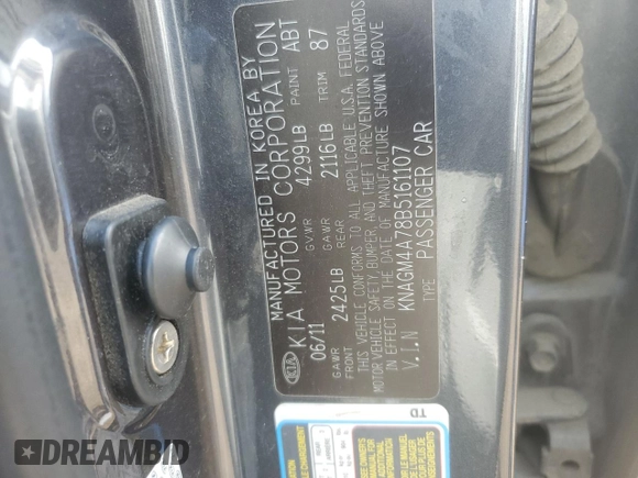 2011 Kia Optima LX z VIN KNAGM4A78B5161107, wystawiony jako Copart lot #59513665 z przebiegiem 199 210 mil mil oraz Szkoda całkowita • Salvage title. Historia ofert i sprzedaży dostępna na DreamBid. Obrazek 12.