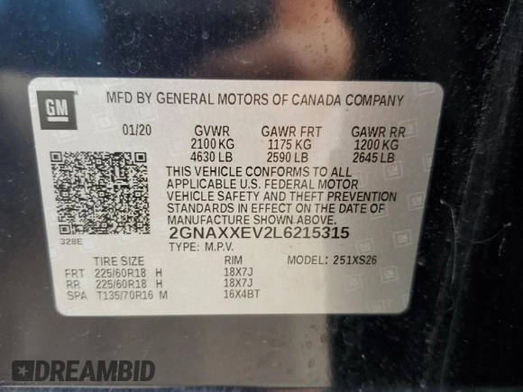2020 Chevrolet Equinox Premier z VIN 2GNAXXEV2L6215315, wystawiony jako Copart lot #56130795 z przebiegiem 74 316 mil mil oraz Szkoda całkowita • Salvage title. Historia ofert i sprzedaży dostępna na DreamBid. Obrazek 13.