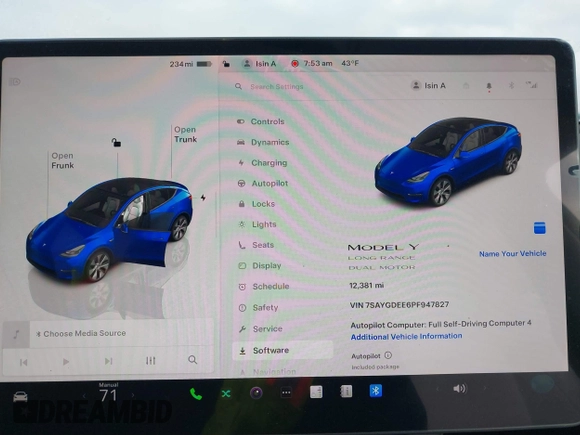 2023 Tesla Model Y Long Range with VIN 7SAYGDEE6PF947827, listed as a IAAI auction lot 41443524 with 12,381 mi miles and . Bid and sale history available at DreamBid. Image 7.