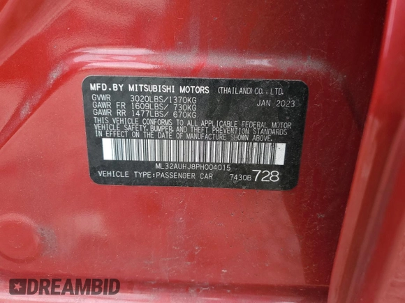 2023 Mitsubishi Mirage ES with VIN ML32AUHJ8PH004015, listed as a Copart auction lot 59263505 with 20,081 mi miles and Salvage title. Bid and sale history available at DreamBid. Image 12.