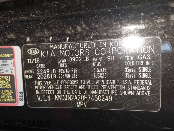 2017 Kia Soul with VIN KNDJN2A20H7450249, listed as a IAAI auction lot 42140387 with 93,929 mi miles. Bid and sale history available at carsss.com. Image 9.