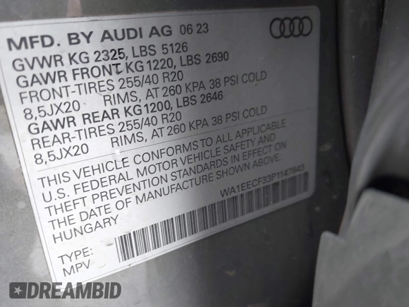 2023 Audi Q3 S line Premium Plus with VIN WA1EECF33P1147843, listed as a IAAI auction lot 41240001 with 22,743 mi miles. Bid and sale history available at carsss.com. Image 9.