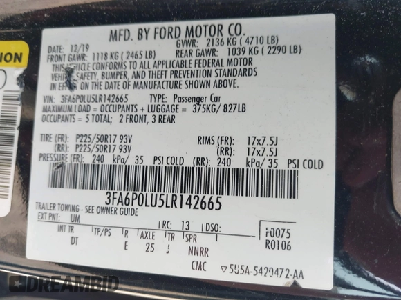 2020 Ford Fusion SE with VIN 3FA6P0LU5LR142665, listed as a IAAI auction lot 42415611 with 101,686 mi miles and . Bid and sale history available at DreamBid. Image 9.