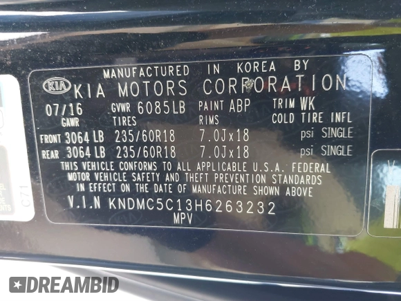 2017 Kia Sedona EX with VIN KNDMC5C13H6263232, listed as a IAAI auction lot 41733170 with 102,026 mi miles. Bid and sale history available at carsss.com. Image 9.