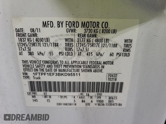 2011 Ford F-150 with VIN 1FTPF1EF3BKD95511, listed as a IAAI auction lot 42785532 with 86,006 mi miles and . Bid and sale history available at DreamBid. Image 19.