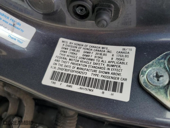 2015 Honda Civic Sedan LX with VIN 2HGFB2F53FH542573, listed as a Copart auction lot 44919835 with 106,842 mi miles and Salvage Title. Bid and sale history available at carsss.com. Image 13.