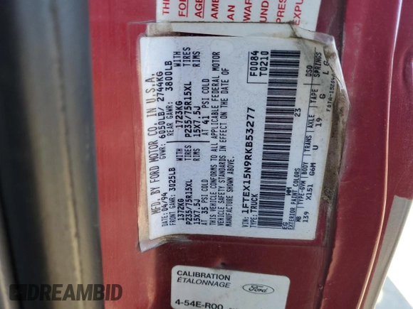 1994 Ford F-150 with VIN 1FTEX15N9RKB53277, listed as a Copart auction lot 87906665 with 186,113 mi miles and Salvage Title. Bid and sale history available at DreamBid. Image 12.