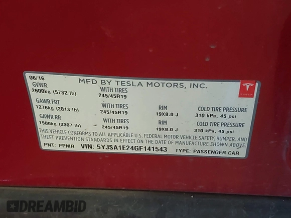 2016 Tesla Model S 90D with VIN 5YJSA1E24GF141543, listed as a IAAI auction lot 42045333 with Not Provided miles and . Bid and sale history available at DreamBid. Image 9.