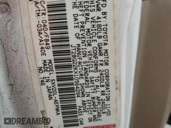 2001 Toyota Camry CE z VIN JT2BG22KX10564294, wystawiony jako Copart lot #53317505 z przebiegiem 227 358 mil mil oraz Szkoda całkowita • Salvage title. Historia ofert i sprzedaży dostępna na DreamBid. Obrazek 13.