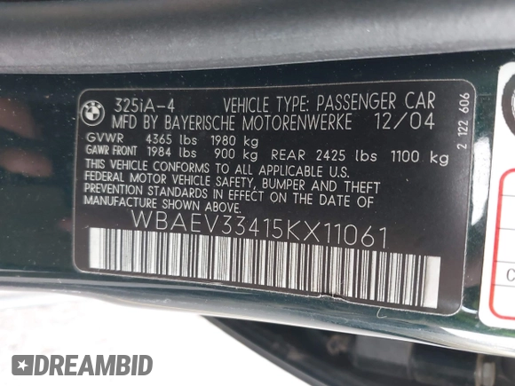 2005 BMW 3 Series 325i with VIN WBAEV33415KX11061, listed as a IAAI auction lot 42810241 with 168,338 mi miles and . Bid and sale history available at DreamBid. Image 9.