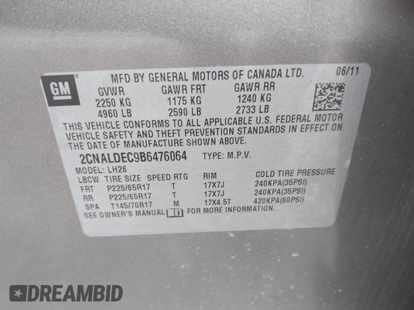 2011 Chevrolet Equinox 1LT with VIN 2CNALDEC9B6476064, listed as a IAAI auction lot 42228283 with 198,800 mi miles and . Bid and sale history available at DreamBid. Image 9.