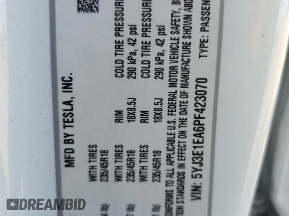 2023 Tesla Model 3 with VIN 5YJ3E1EA6PF423070, listed as a Copart auction lot 52029985 with 19,541 mi miles and Salvage Title. Bid and sale history available at DreamBid. Image 14.
