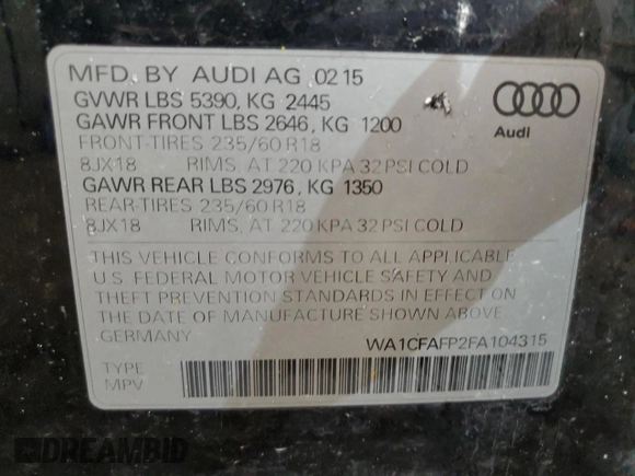 2015 Audi Q5 Premium with VIN WA1CFAFP2FA104315, listed as a Copart auction lot 51777475 with Not provided miles and Salvage title. Bid and sale history available at DreamBid. Image 14.