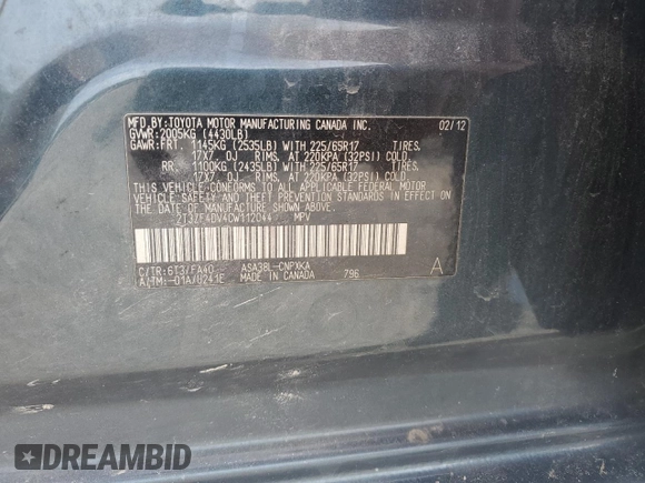 2012 Toyota RAV4 with VIN 2T3ZF4DV4CW112044, listed as a Copart auction lot 49723855 with 133,668 mi miles and Salvage Title. Bid and sale history available at carsss.com. Image 13.