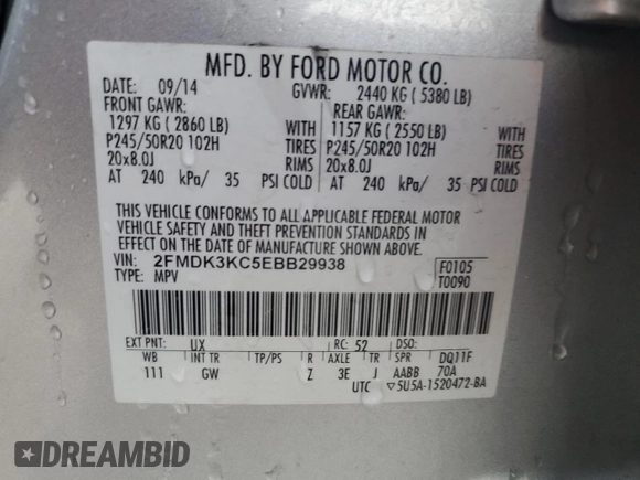2014 Ford Edge Limited with VIN 2FMDK3KC5EBB29938, listed as a Copart auction lot 54213335 with 222,478 mi miles and Salvage Title. Bid and sale history available at carsss.com. Image 14.