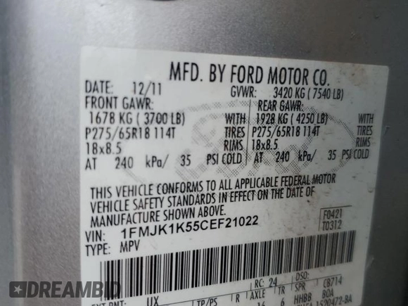 2012 Ford Expedition EL Limited with VIN 1FMJK1K55CEF21022, listed as a Copart auction lot 79921704 with 214,519 mi miles and Clean Title. Bid and sale history available at carsss.com. Image 14.