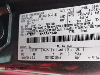 2019 Ford F-150 XL with VIN 1FTEX1EP1KFA77120, listed as a IAAI auction lot 42329608 with 76,053 mi miles and . Bid and sale history available at DreamBid. Image 9.