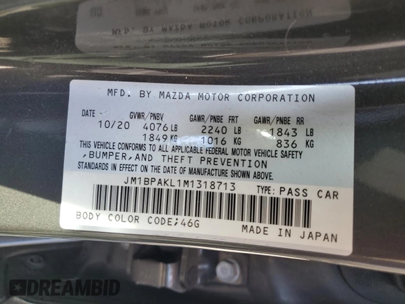 2021 Mazda Mazda3 Hatchback Select with VIN JM1BPAKL1M1318713, listed as a Copart auction lot 47141943 with 18,054 mi miles. Bid and sale history available at carsss.com. Image 12.