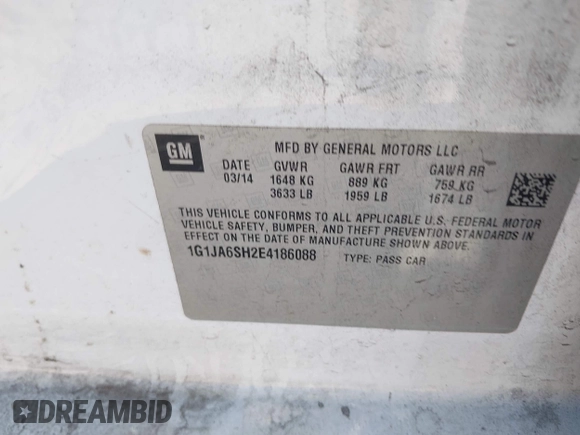 2014 Chevrolet Sonic LS with VIN 1G1JA6SH2E4186088, listed as a IAAI auction lot 42160978 with 184,693 mi miles and . Bid and sale history available at DreamBid. Image 9.