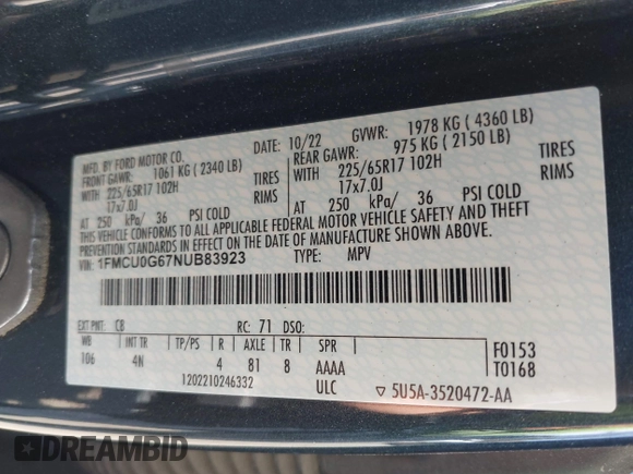 2022 Ford Escape SE с VIN 1FMCU0G67NUB83923, выставлен на аукционе IAAI как лот 42643806 с пробегом 43 193 миль миль и . История ставок и продаж доступна на DreamBid. Изображение 9.