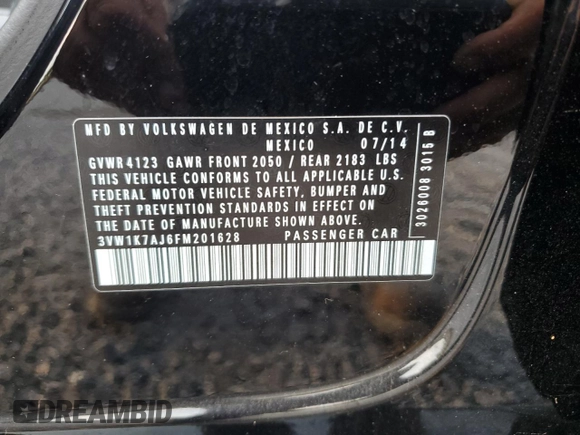 2015 Volkswagen Jetta S with VIN 3VW1K7AJ6FM201628, listed as a Copart auction lot 58118465 with 95,360 mi miles and Salvage title. Bid and sale history available at DreamBid. Image 12.