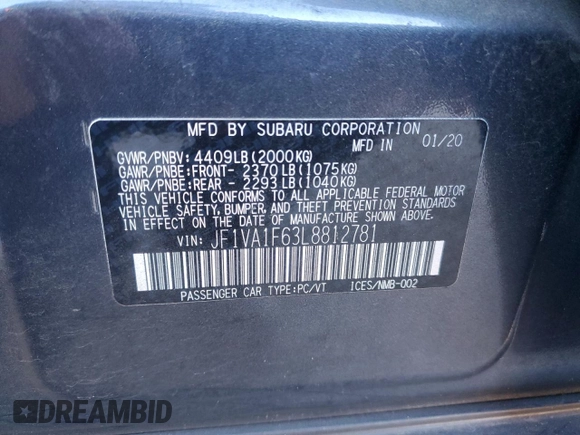 2020 Subaru WRX Limited with VIN JF1VA1F63L8812781, listed as a Copart auction lot 82441224 with 38,053 mi miles and Salvage Title. Bid and sale history available at carsss.com. Image 12.