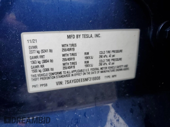 2022 Tesla Model Y Long Range z VIN 7SAYGDEE6NF318808, wystawiony jako Copart lot #57219915 z przebiegiem Nie podano mil oraz Szkoda całkowita • Salvage title. Historia ofert i sprzedaży dostępna na DreamBid. Obrazek 12.