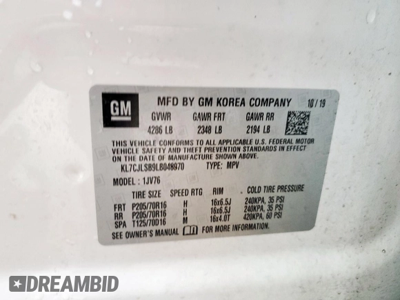 2020 Chevrolet Trax LT z VIN KL7CJLSB9LB048970, wystawiony jako Copart lot #49674385 z przebiegiem 108 291 mil mil oraz Czysty tytuł • Clean title. Historia ofert i sprzedaży dostępna na DreamBid. Obrazek 13.