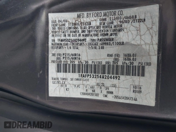 2004 Ford Taurus SE with VIN 1FAFP53254A204492, listed as a IAAI auction lot 41543153 with 70,395 mi miles and . Bid and sale history available at DreamBid. Image 9.
