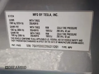 2024 Tesla Model Y Long Range with VIN 7SAYGDEE2RA311261, listed as a IAAI auction lot 41534010 with Not Provided miles and . Bid and sale history available at DreamBid. Image 9.
