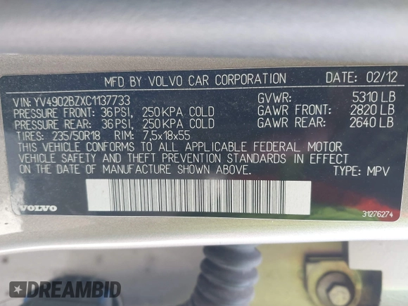 2012 Volvo XC70 T6 with VIN YV4902BZXC1137733, listed as a IAAI auction lot 42018303 with Not Provided miles and . Bid and sale history available at DreamBid. Image 9.