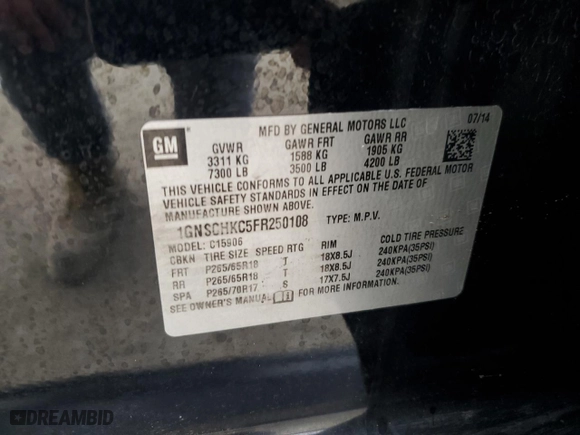 2015 Chevrolet Suburban LS with VIN 1GNSCHKC5FR250108, listed as a Copart auction lot 47133585 with 188,099 mi miles and Clean Title. Bid and sale history available at carsss.com. Image 13.