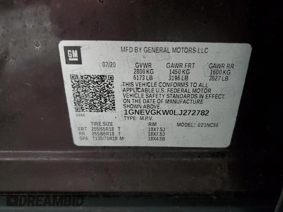 2020 Chevrolet Traverse LT Cloth with VIN 1GNEVGKW0LJ272782, listed as a Copart auction lot 47401424 with 38,051 mi miles. Bid and sale history available at carsss.com. Image 14.