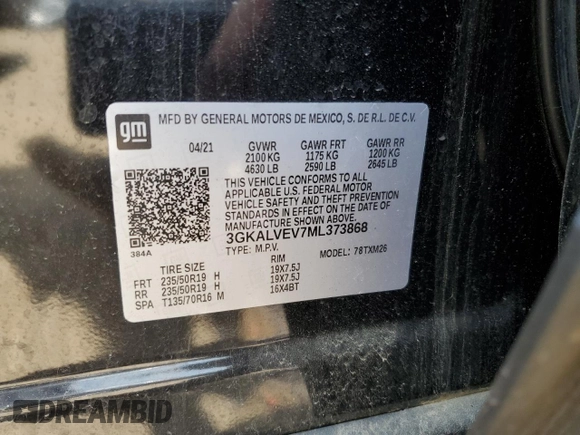 2021 GMC Terrain SLT with VIN 3GKALVEV7ML373868, listed as a Copart auction lot 60716075 with Not provided miles and Salvage title. Bid and sale history available at DreamBid. Image 12.