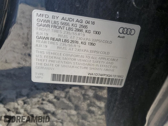 2016 Audi Q5 Premium Plus with VIN WA1D7AFP3GA131882, listed as a Copart auction lot 56459575 with 120,806 mi miles and Non repairable. Bid and sale history available at DreamBid. Image 13.