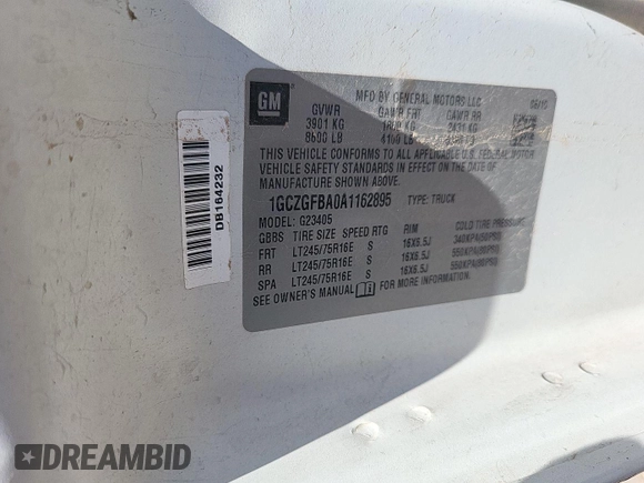 2010 Chevrolet Express Cargo with VIN 1GCZGFBA0A1162895, listed as a IAAI auction lot 42849189 with 175,151 mi miles and . Bid and sale history available at DreamBid. Image 17.