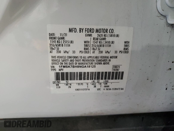 2022 Ford Explorer with VIN 1FMSK7BH8NGA18125, listed as a Copart auction lot 52242975 with 35,127 mi miles and Salvage title. Bid and sale history available at DreamBid. Image 14.