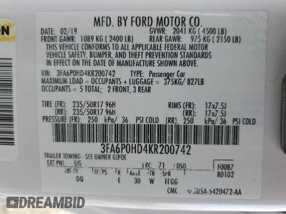 2019 Ford Fusion SE with VIN 3FA6P0HD4KR200742, listed as a Copart auction lot 49302755 with 87,166 mi miles and Salvage Title. Bid and sale history available at DreamBid. Image 15.